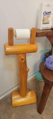 Wood chair and toilet paper holder plus