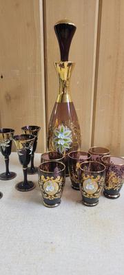 Bohemian glass decanter with glasses
