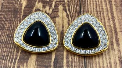 1980s Vintage Swarovski America Ltd Signed Black Enamel and Crystal Bracelet and Earrings Set