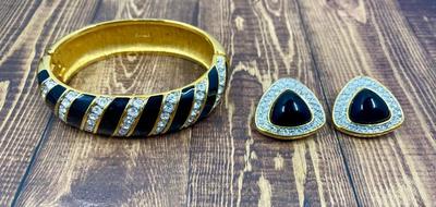 1980s Vintage Swarovski America Ltd Signed Black Enamel and Crystal Bracelet and Earrings Set