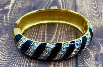 1980s Vintage Swarovski America Ltd Signed Black Enamel and Crystal Bracelet and Earrings Set