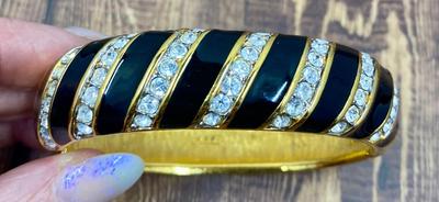 1980s Vintage Swarovski America Ltd Signed Black Enamel and Crystal Bracelet and Earrings Set