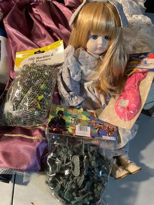 Dolls, car, lunchbox, marbles, army men