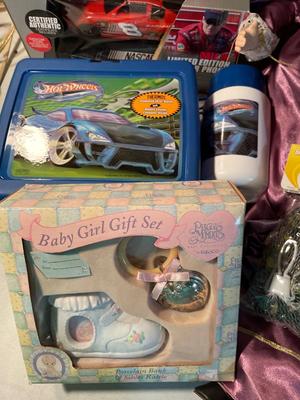 Dolls, car, lunchbox, marbles, army men