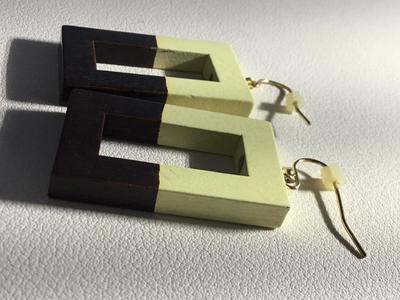 Brown and white wooden rectangular fashion earrings