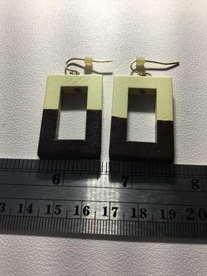 Brown and white wooden rectangular fashion earrings