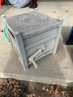 BIRD FEEDER WITH TOTE OF BIRD SEED AND HOSE HIDEAWAY