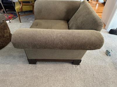 COMFORTABLE OLIVE GREEN ARMCHAIR WITH REVERSIBLE CUSHIONS AND OTTOMAN