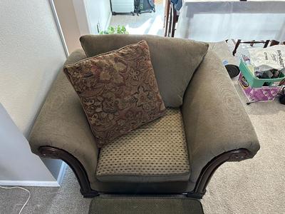 COMFORTABLE OLIVE GREEN ARMCHAIR WITH REVERSIBLE CUSHIONS AND OTTOMAN