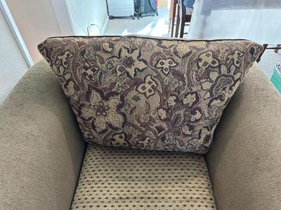 COMFORTABLE OLIVE GREEN ARMCHAIR WITH REVERSIBLE CUSHIONS AND OTTOMAN