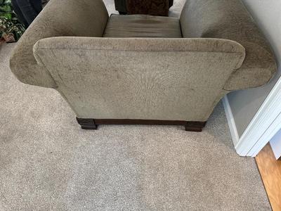 COMFORTABLE OLIVE GREEN ARMCHAIR WITH REVERSIBLE CUSHIONS AND OTTOMAN