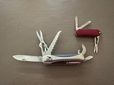 LIGHTER, 2 FOLDING MULTI FUNCTION POCKET KNIVES AND SMALL TAPE MEASURE