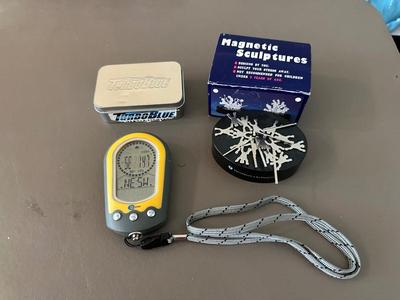 TURBOBLUE CAMCORDER TORCH, MAGNETIC SCULPTURES DESK ART AND C TECH OUTDOORSMAN DIGITAL COMPASS