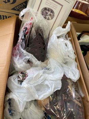 Vintage table, boxes of goodies on top & large box below