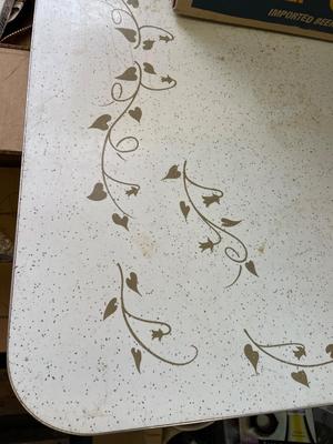 Vintage table, boxes of goodies on top & large box below