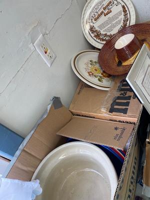 Vintage table, boxes of goodies on top & large box below