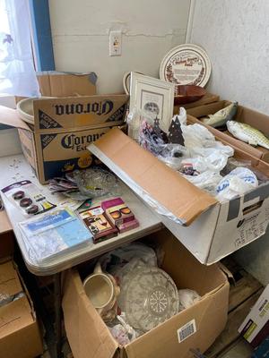 Vintage table, boxes of goodies on top & large box below