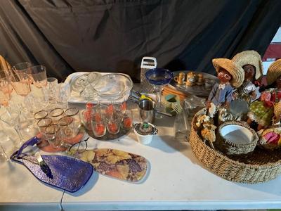 Vintage Coors glasses, Mexican dolls, and assorted fun