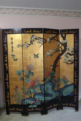 Vintage Oriental Asian Gold Four Panel Screen Room Divider