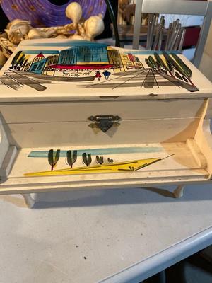 Utensils, matches, wine glass holder, piano, jewelry, case