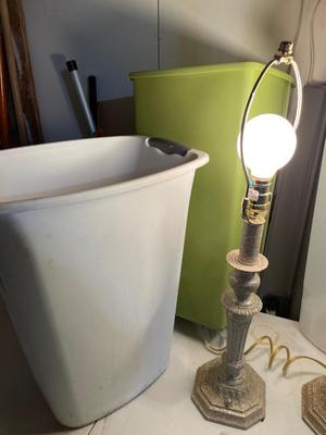 2 table lamps, floor lamp, trash cans, etc