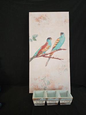 Canvas wall art of a pair of hooded parrots and a wooden Live Love Laugh box
