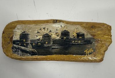 Hand painted wood wall hanging with windmills