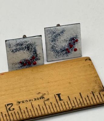 Vintage Art Deco Screw Back Earrings Abstract white with blue & red