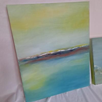 Two Blue/Green Abstract Paintings on Canvas (P-SD)