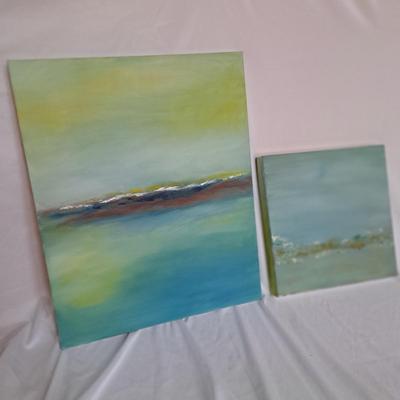 Two Blue/Green Abstract Paintings on Canvas (P-SD)