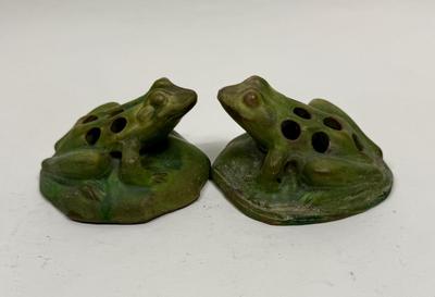 Antique Green Pottery Figural Frog Pair - Flower Frogs with 7 holes for floral arrangements