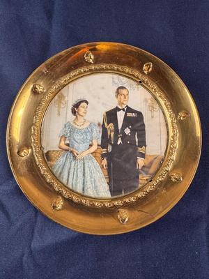 Vintage Small Brass Plaque With Queen Elizabeth II and Prince Philip To Centre