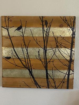 PAINTED PICTURE OF BIRDS IN TREES ON WOOD BASE WITH METAL SLATS PLUS BIRDS ON CANVAS