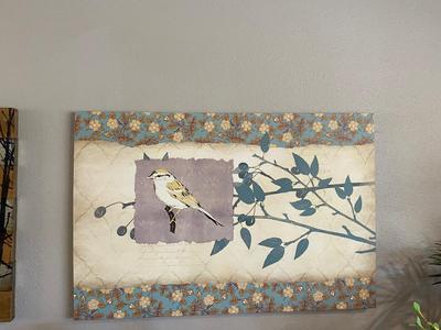 PAINTED PICTURE OF BIRDS IN TREES ON WOOD BASE WITH METAL SLATS PLUS BIRDS ON CANVAS