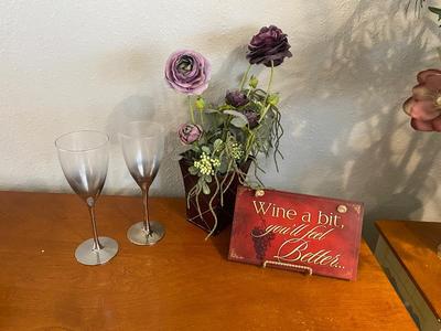 WINE GLASSES, WALL ART, AND SILK FLOWERS