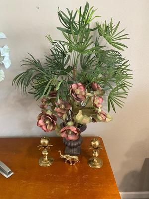 BRASS CANDLESTICK HOLDERS, SILK FLOWERS AND FOLIAGE ARRANGEMENT PLUS AN ELEPHANT