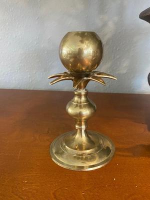 BRASS CANDLESTICK HOLDERS, SILK FLOWERS AND FOLIAGE ARRANGEMENT PLUS AN ELEPHANT