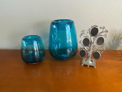 PEWTER PICTURE FRAME, AND PRETTY BLUE VASES