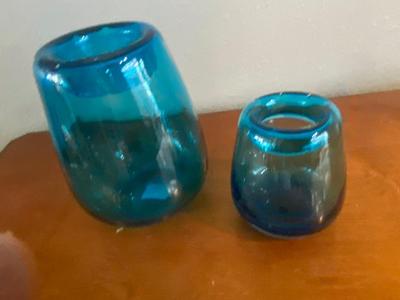 PEWTER PICTURE FRAME, AND PRETTY BLUE VASES