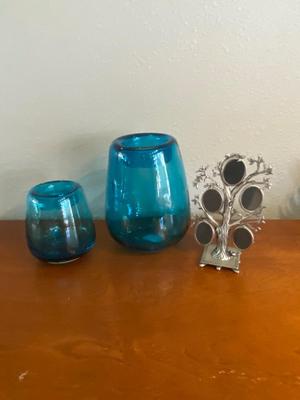 PEWTER PICTURE FRAME, AND PRETTY BLUE VASES