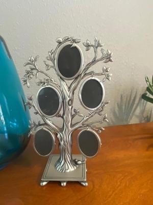 PEWTER PICTURE FRAME, AND PRETTY BLUE VASES