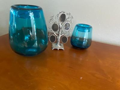 PEWTER PICTURE FRAME, AND PRETTY BLUE VASES