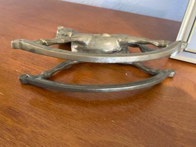 BRASS ROCKING HORSE, LITTLE PEOPLE AND 5 X 7 PICTURE FRAME