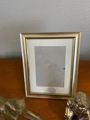 BRASS ROCKING HORSE, LITTLE PEOPLE AND 5 X 7 PICTURE FRAME