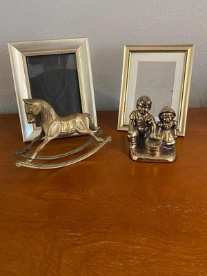 BRASS ROCKING HORSE, LITTLE PEOPLE AND 5 X 7 PICTURE FRAME