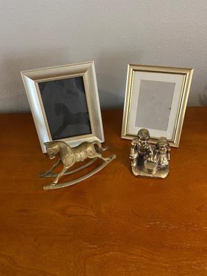 BRASS ROCKING HORSE, LITTLE PEOPLE AND 5 X 7 PICTURE FRAME