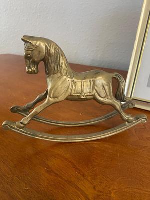 BRASS ROCKING HORSE, LITTLE PEOPLE AND 5 X 7 PICTURE FRAME