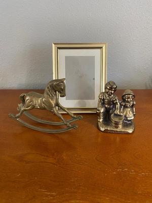 BRASS ROCKING HORSE, LITTLE PEOPLE AND 5 X 7 PICTURE FRAME