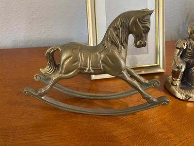 BRASS ROCKING HORSE, LITTLE PEOPLE AND 5 X 7 PICTURE FRAME
