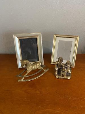 BRASS ROCKING HORSE, LITTLE PEOPLE AND 5 X 7 PICTURE FRAME
